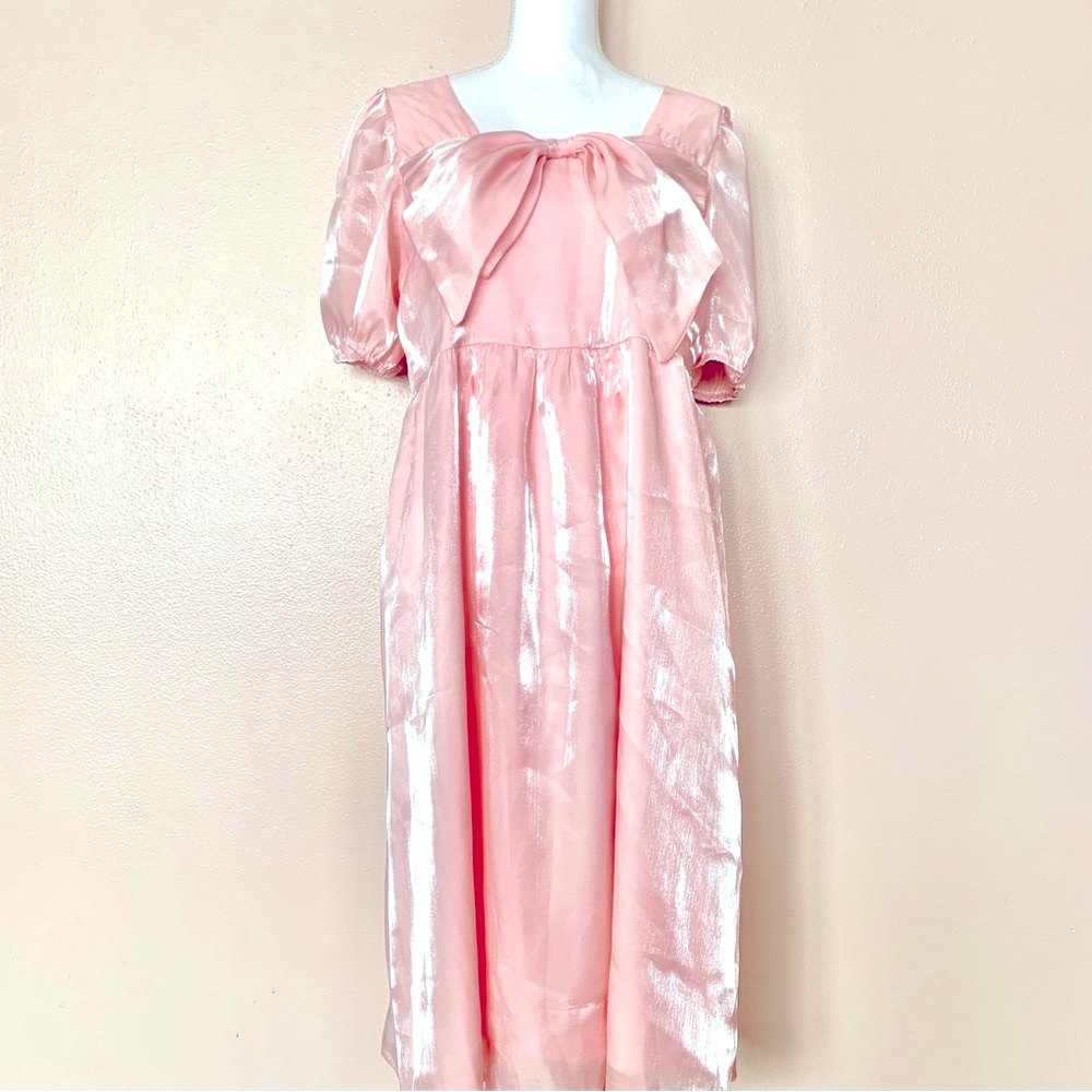 Pink Dessert Pink Shiny Satin Bow Detail Dress
